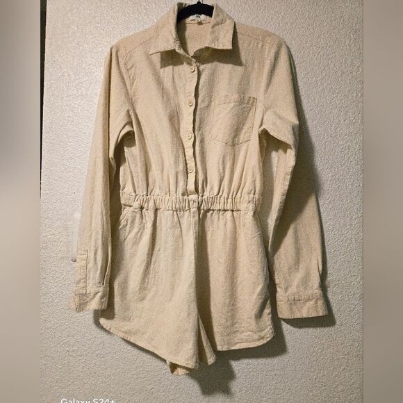 LPA Karolina Linen Blend Coverall Utility Long Sleeve Romper Oatmeal Beige Sz M - Picture 2 of 10